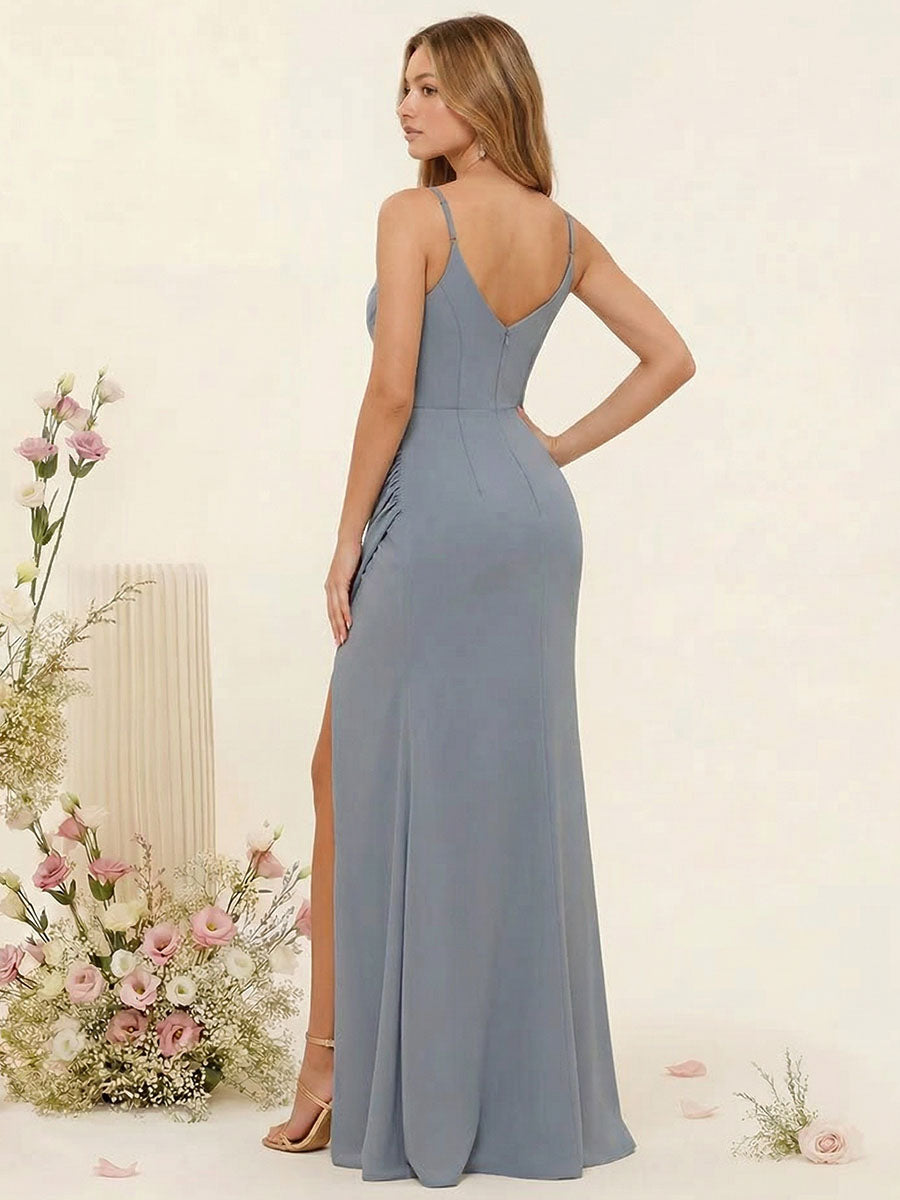 Sheath/Column Spaghetti Straps Long Bridesmaid Dresses with Split Side & Ruched