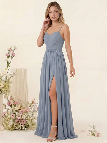 A-Line/Princess Spaghetti Straps Long Bridesmaid Dresses with Split Side & Pockets