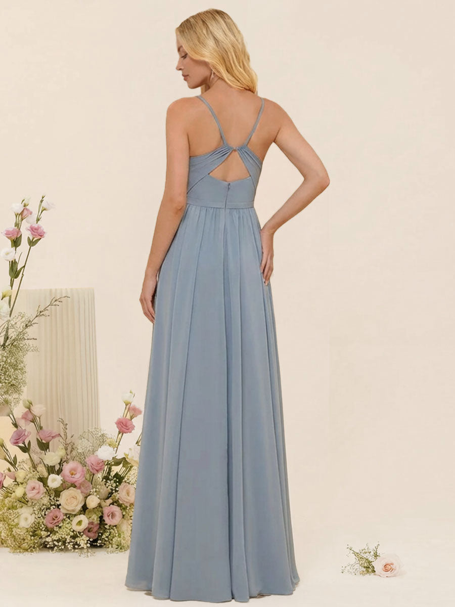 A-Line/Princess Spaghetti Straps Long Bridesmaid Dresses with Split Side & Pockets