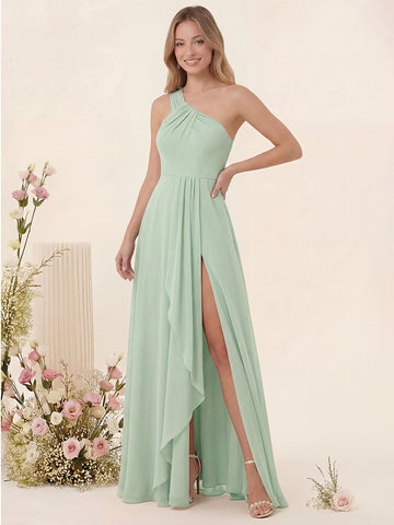 A-Line/Princess One-Shoulder Long Bridesmaid Dresses with Split Side