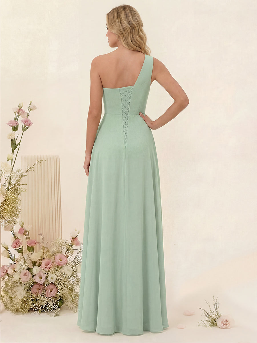 A-Line/Princess One-Shoulder Long Bridesmaid Dresses with Split Side