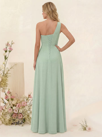 A-Line/Princess One-Shoulder Long Bridesmaid Dresses with Split Side