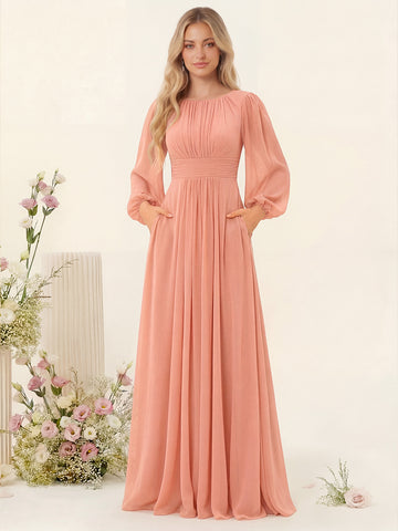 A-Line/Princess Floor-Length Long Sleeves Bridesmaid Dresses With Sash