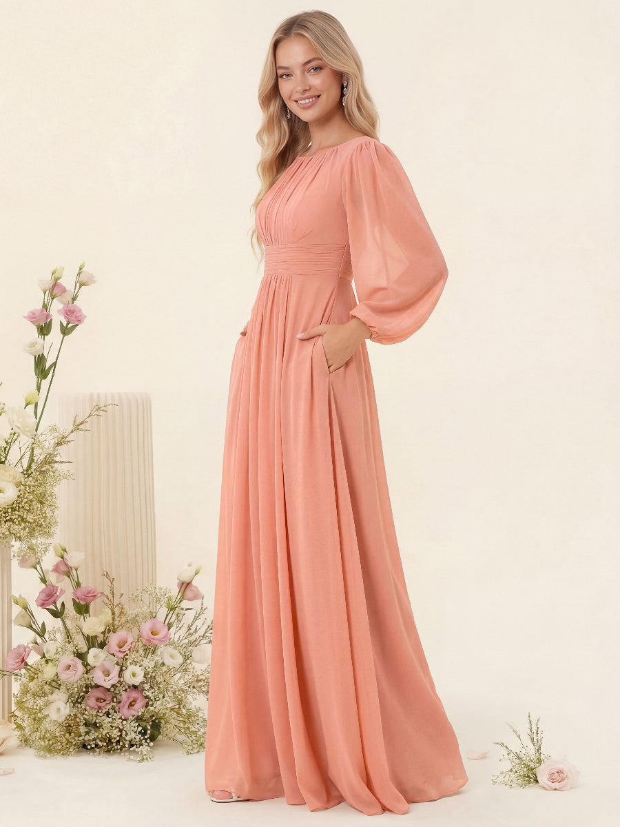 A-Line/Princess Floor-Length Long Sleeves Bridesmaid Dresses With Sash