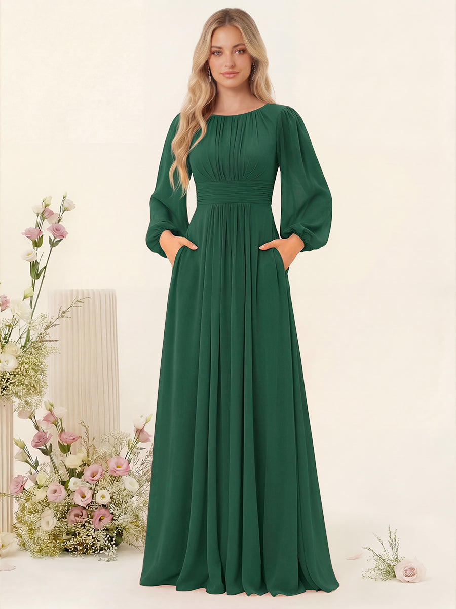A-Line/Princess Floor-Length Long Sleeves Bridesmaid Dresses With Sash