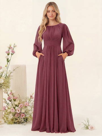 A-Line/Princess Floor-Length Long Sleeves Bridesmaid Dresses With Sash