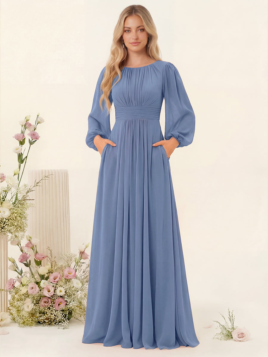 A-Line/Princess Floor-Length Long Sleeves Bridesmaid Dresses With Sash