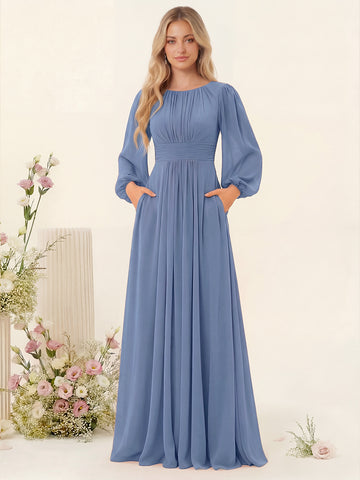 A-Line/Princess Floor-Length Long Sleeves Bridesmaid Dresses With Sash