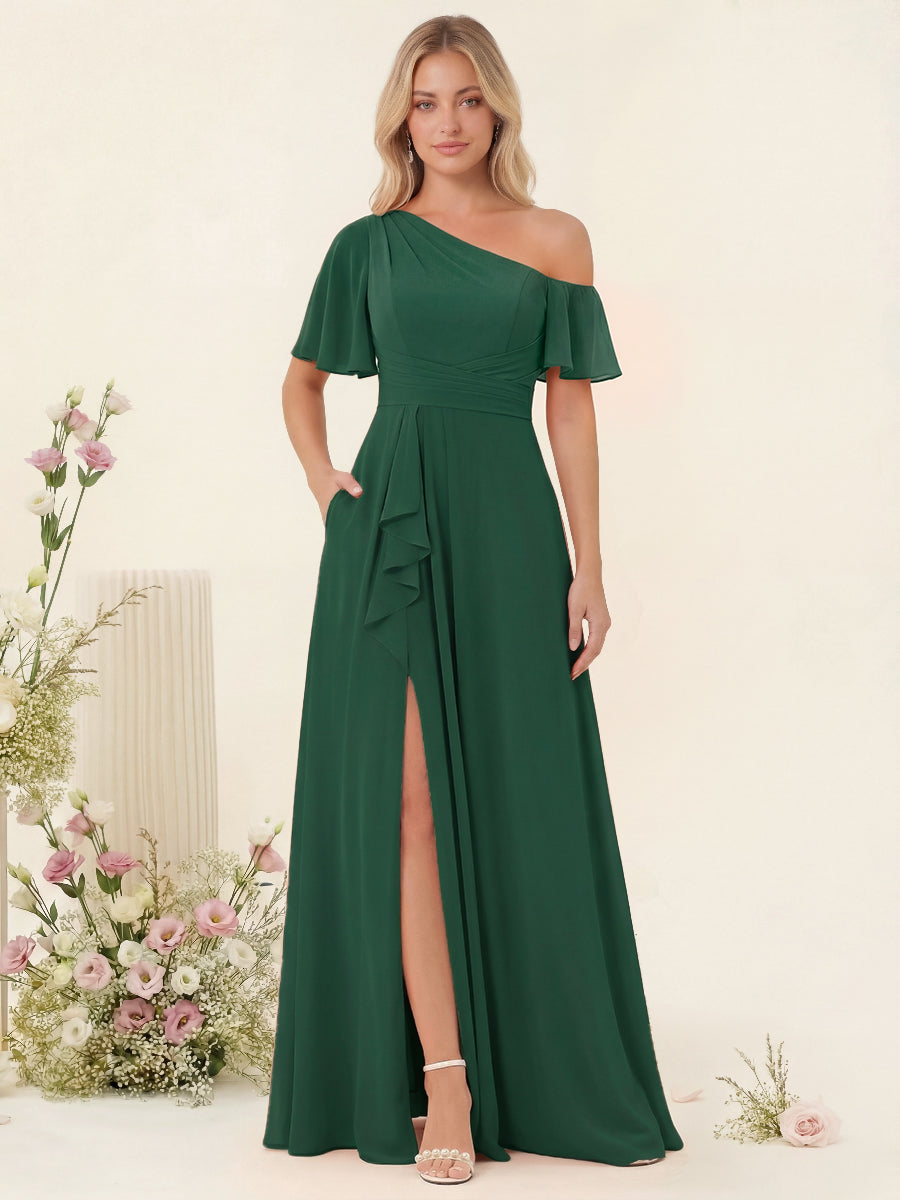 A-Line/Princess One-Shoulder Floor-Length Split Side Bridesmaid Dresses