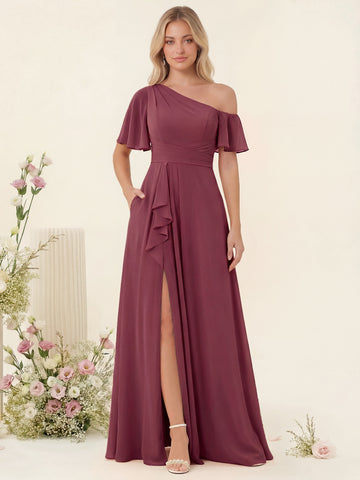 A-Line/Princess One-Shoulder Floor-Length Split Side Bridesmaid Dresses
