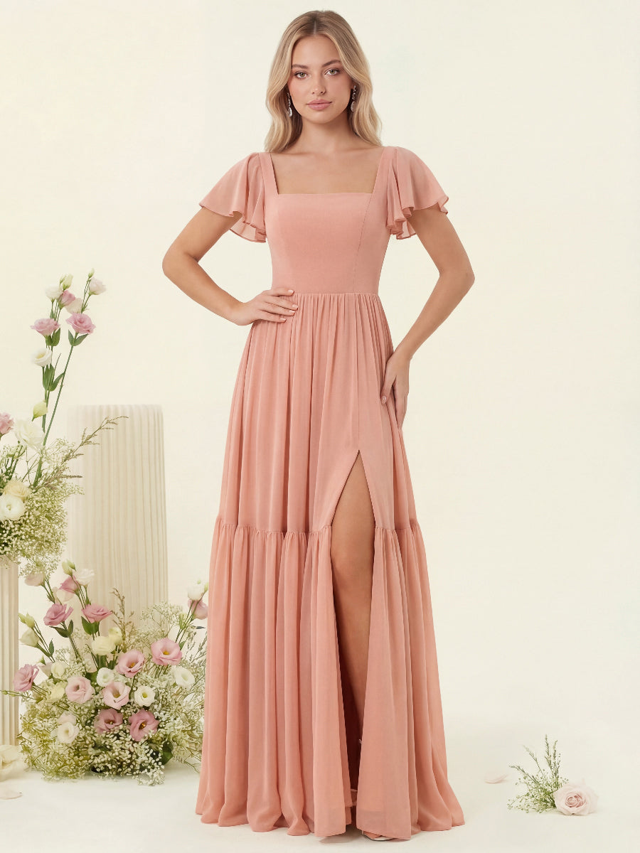 A-Line/Princess Ruffles Floor-Length Short Sleeves Bridesmaid Dresses