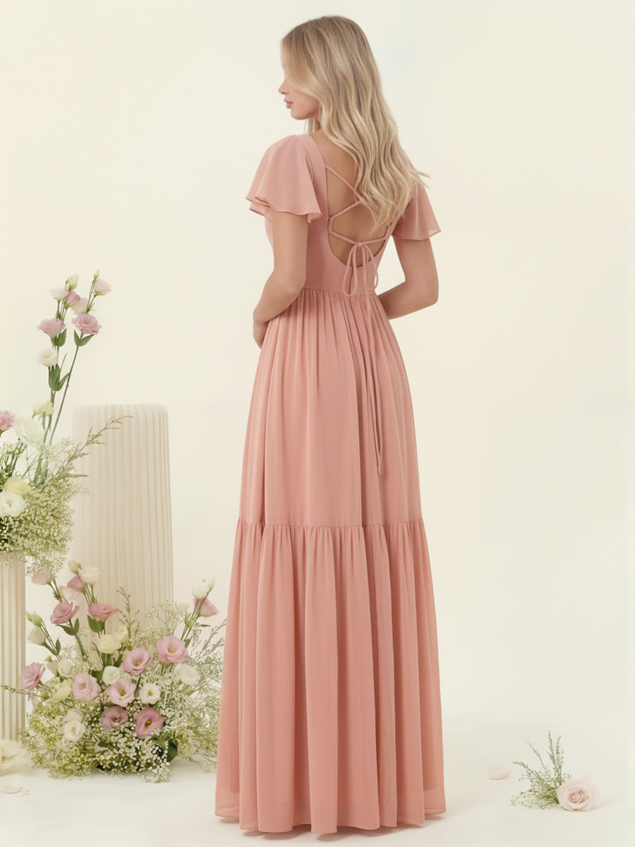 A-Line/Princess Ruffles Floor-Length Short Sleeves Bridesmaid Dresses