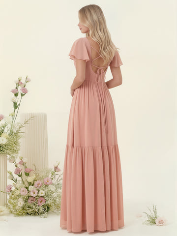 A-Line/Princess Ruffles Floor-Length Short Sleeves Bridesmaid Dresses