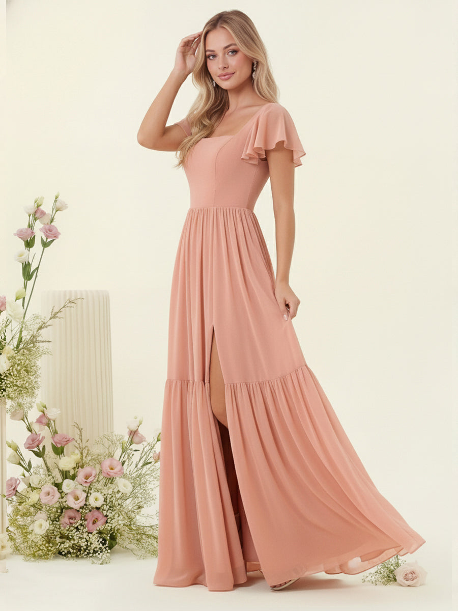 A-Line/Princess Ruffles Floor-Length Short Sleeves Bridesmaid Dresses