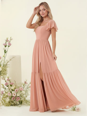 A-Line/Princess Ruffles Floor-Length Short Sleeves Bridesmaid Dresses