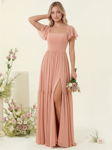 A-Line/Princess Ruffles Floor-Length Short Sleeves Bridesmaid Dresses