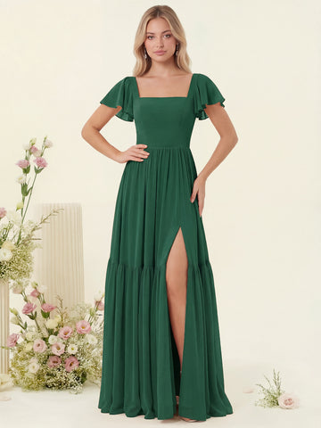 A-Line/Princess Ruffles Floor-Length Short Sleeves Bridesmaid Dresses