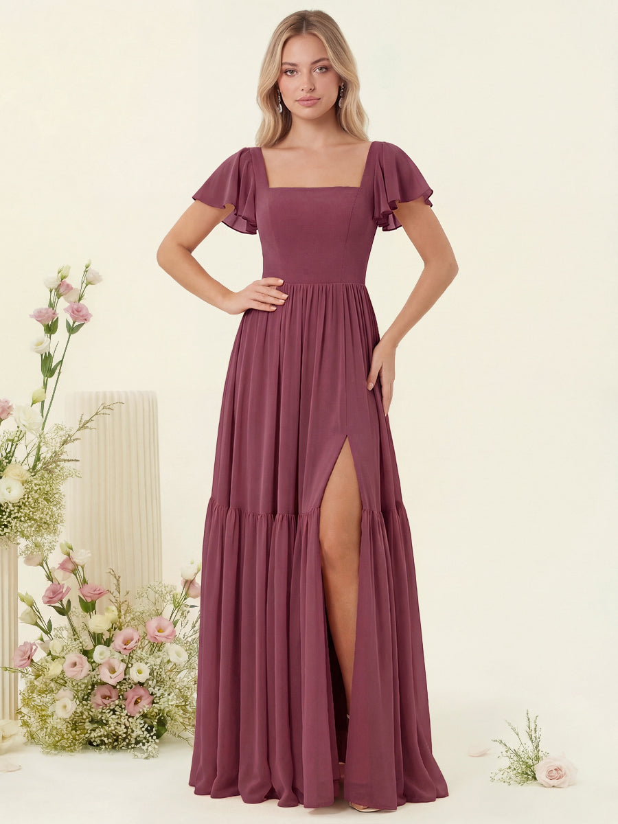 A-Line/Princess Ruffles Floor-Length Short Sleeves Bridesmaid Dresses