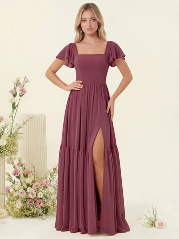 A-Line/Princess Ruffles Floor-Length Short Sleeves Bridesmaid Dresses