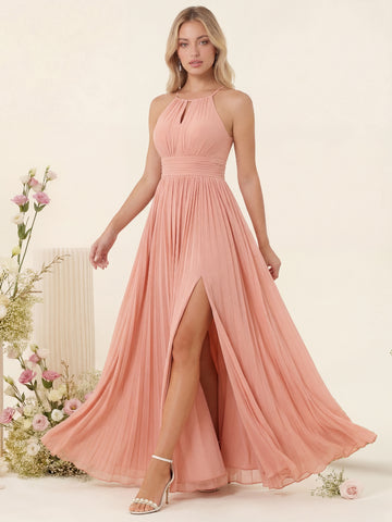 A-Line/Princess Halter Sleeveless Long Bridesmaid Dresses with Split Side & Ruffles