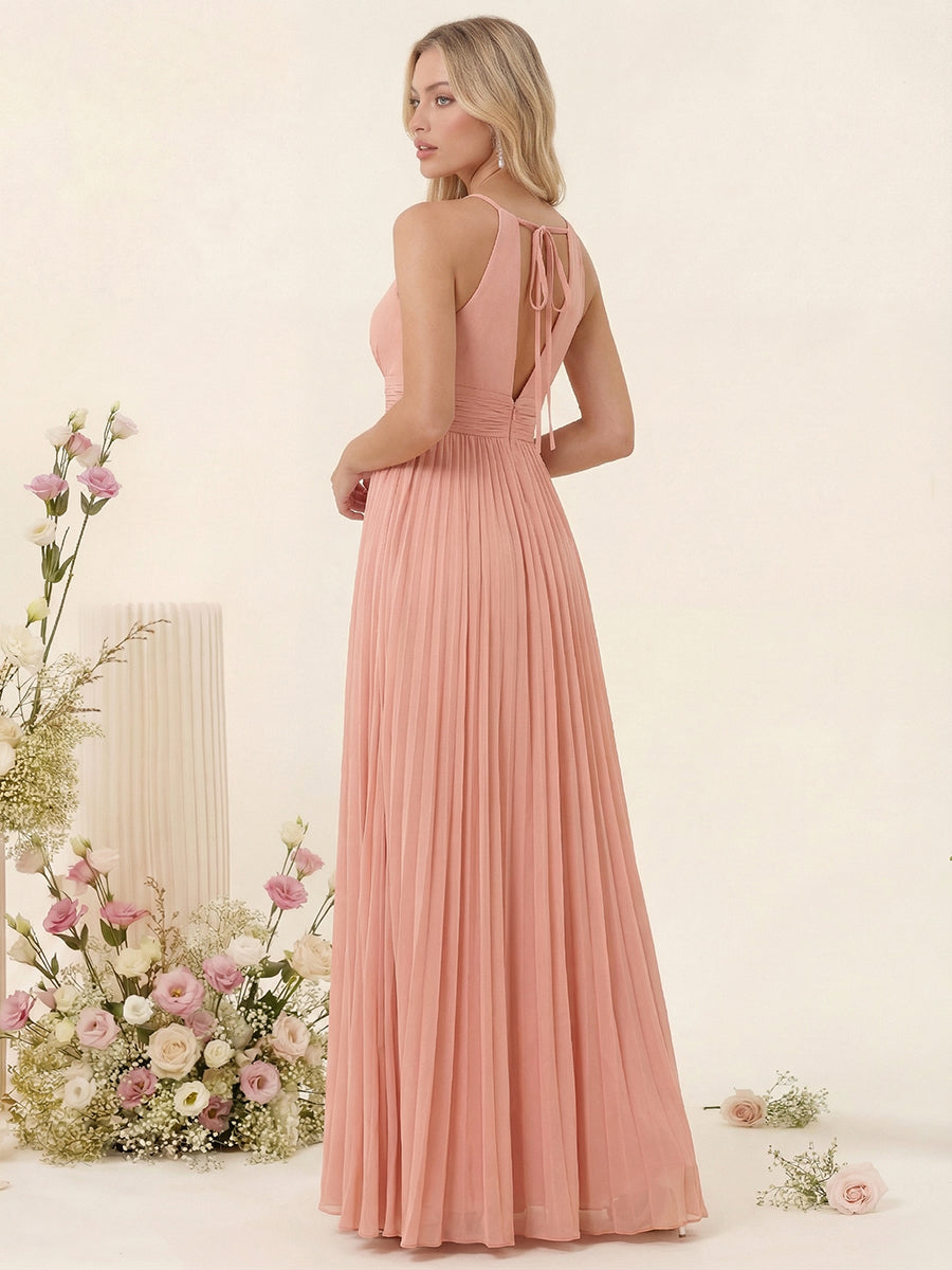 A-Line/Princess Halter Sleeveless Long Bridesmaid Dresses with Split Side & Ruffles