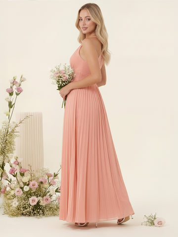 A-Line/Princess Halter Sleeveless Long Bridesmaid Dresses with Split Side & Ruffles