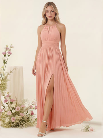 A-Line/Princess Halter Sleeveless Long Bridesmaid Dresses with Split Side & Ruffles