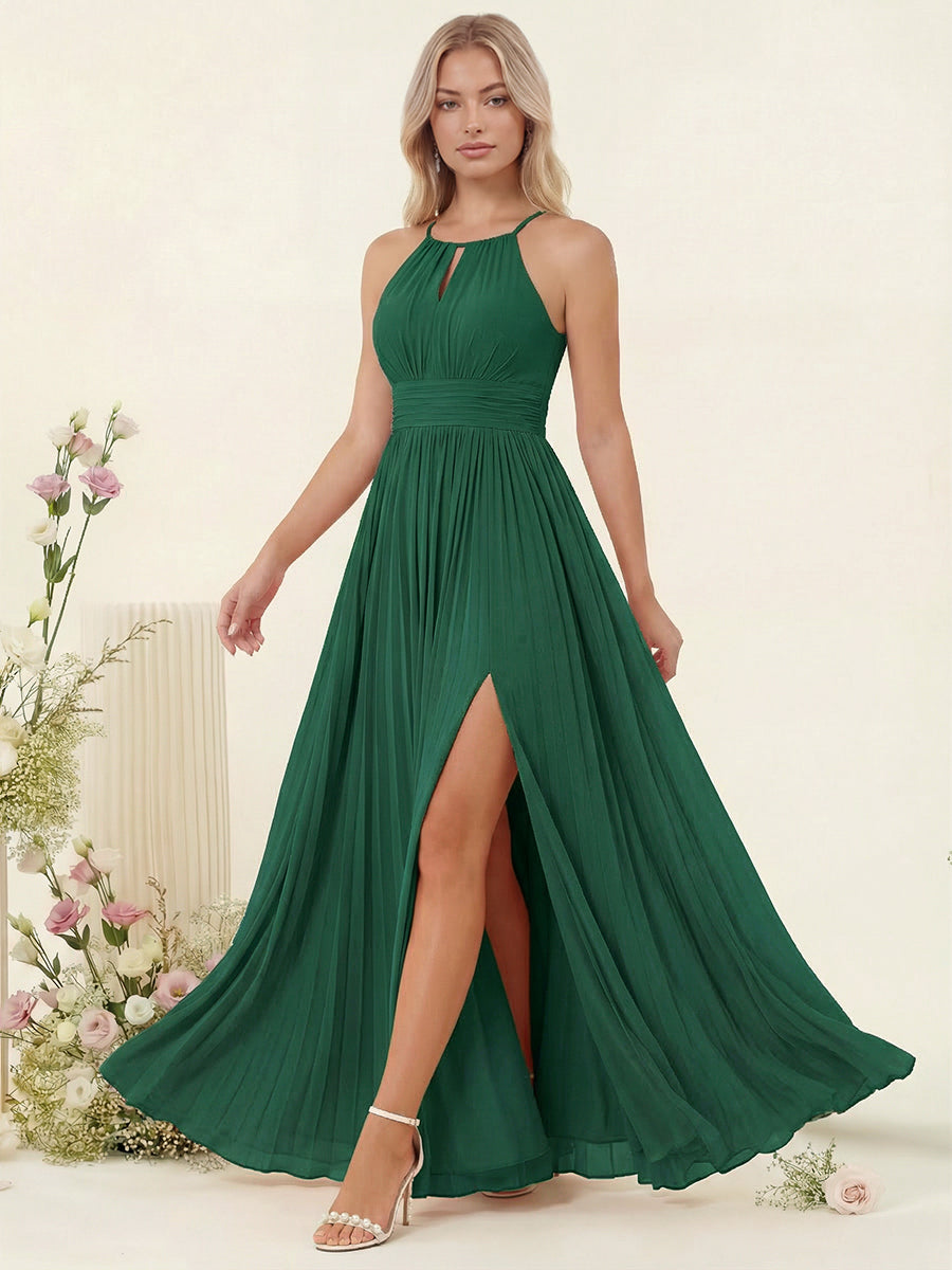 A-Line/Princess Halter Sleeveless Long Bridesmaid Dresses with Split Side & Ruffles