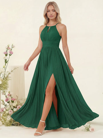 A-Line/Princess Halter Sleeveless Long Bridesmaid Dresses with Split Side & Ruffles