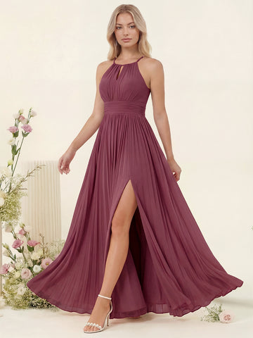 A-Line/Princess Halter Sleeveless Long Bridesmaid Dresses with Split Side & Ruffles