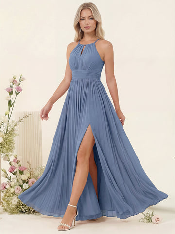 A-Line/Princess Halter Sleeveless Long Bridesmaid Dresses with Split Side & Ruffles