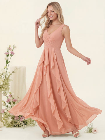 A-Line/Princess V-Neck Sleeveless Long Ruched Bridesmaid Dresses with Ruffles