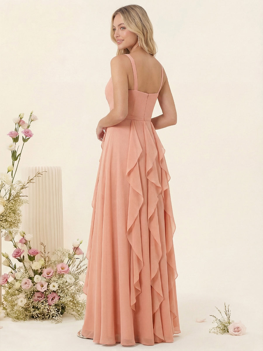 A-Line/Princess V-Neck Sleeveless Long Ruched Bridesmaid Dresses with Ruffles
