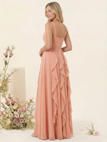 A-Line/Princess V-Neck Sleeveless Long Ruched Bridesmaid Dresses with Ruffles