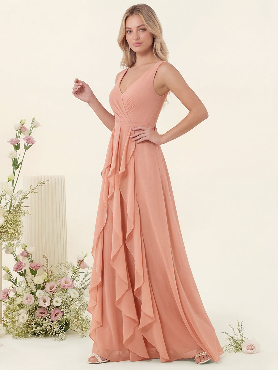 A-Line/Princess V-Neck Sleeveless Long Ruched Bridesmaid Dresses with Ruffles