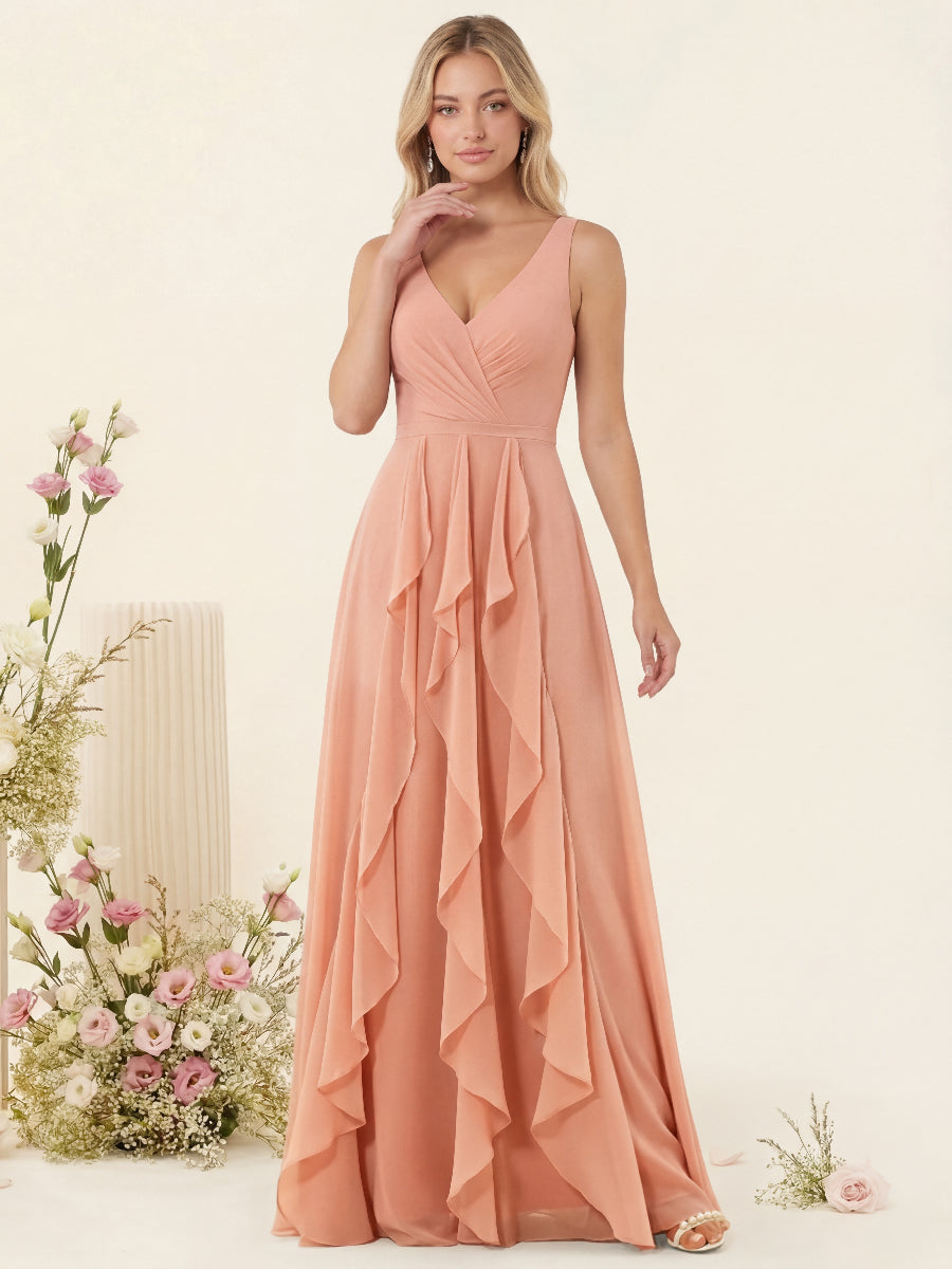 A-Line/Princess V-Neck Sleeveless Long Ruched Bridesmaid Dresses with Ruffles