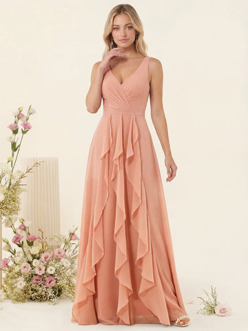 A-Line/Princess V-Neck Sleeveless Long Ruched Bridesmaid Dresses with Ruffles