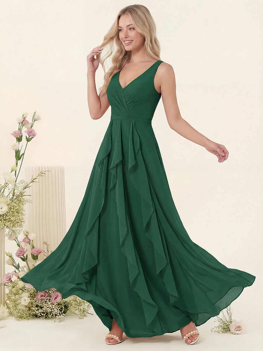 A-Line/Princess V-Neck Sleeveless Long Ruched Bridesmaid Dresses with Ruffles