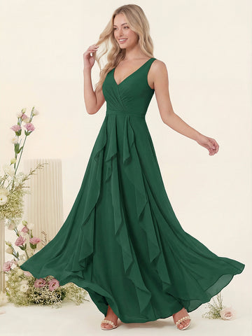A-Line/Princess V-Neck Sleeveless Long Ruched Bridesmaid Dresses with Ruffles