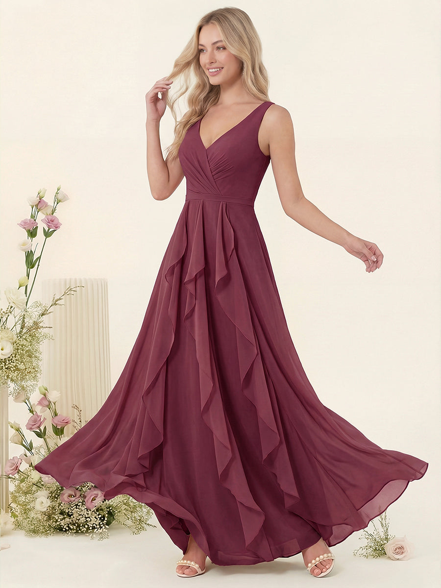 A-Line/Princess V-Neck Sleeveless Long Ruched Bridesmaid Dresses with Ruffles