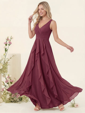 A-Line/Princess V-Neck Sleeveless Long Ruched Bridesmaid Dresses with Ruffles