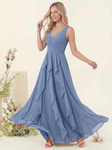 A-Line/Princess V-Neck Sleeveless Long Ruched Bridesmaid Dresses with Ruffles