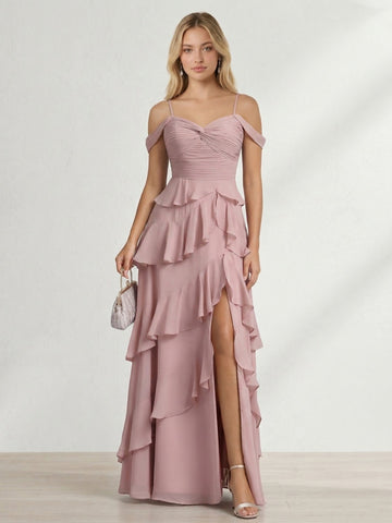 A-Line/Princess Off-the-Shoulder Spaghetti Straps Sleeveless Floor-Length Bridesmaid Dresses With Ruffles & Side Slit