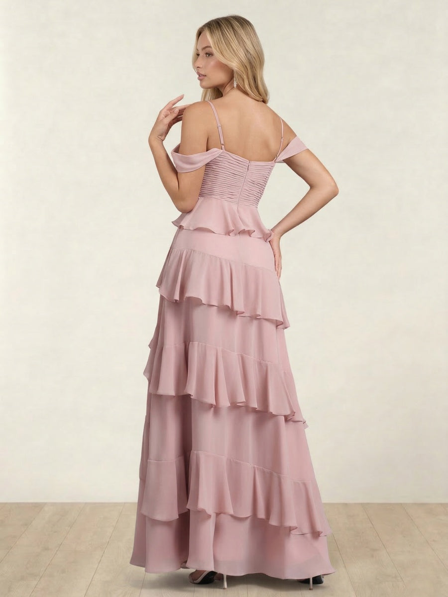 A-Line/Princess Off-the-Shoulder Spaghetti Straps Sleeveless Floor-Length Bridesmaid Dresses With Ruffles & Side Slit