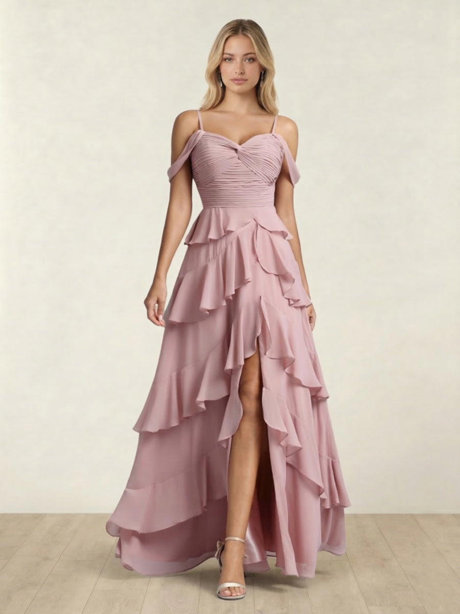 A-Line/Princess Off-the-Shoulder Spaghetti Straps Sleeveless Floor-Length Bridesmaid Dresses With Ruffles & Side Slit