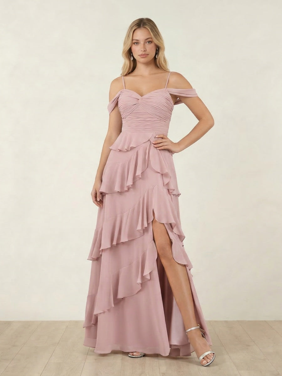 A-Line/Princess Off-the-Shoulder Spaghetti Straps Sleeveless Floor-Length Bridesmaid Dresses With Ruffles & Side Slit