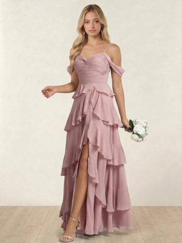 A-Line/Princess Off-the-Shoulder Spaghetti Straps Sleeveless Floor-Length Bridesmaid Dresses With Ruffles & Side Slit