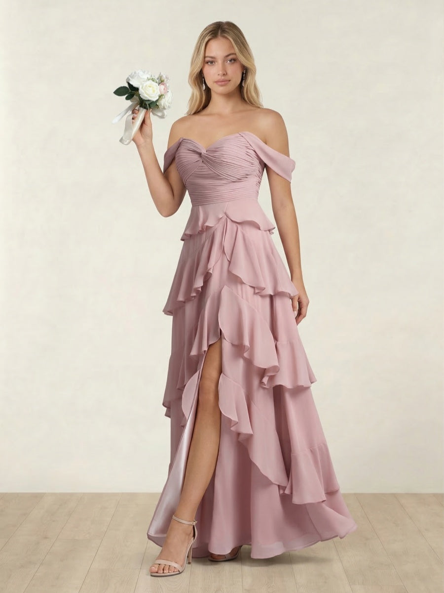 A-Line/Princess Off-the-Shoulder Spaghetti Straps Sleeveless Floor-Length Bridesmaid Dresses With Ruffles & Side Slit