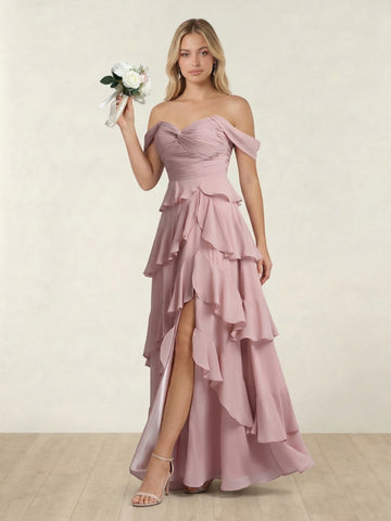 A-Line/Princess Off-the-Shoulder Spaghetti Straps Sleeveless Floor-Length Bridesmaid Dresses With Ruffles & Side Slit