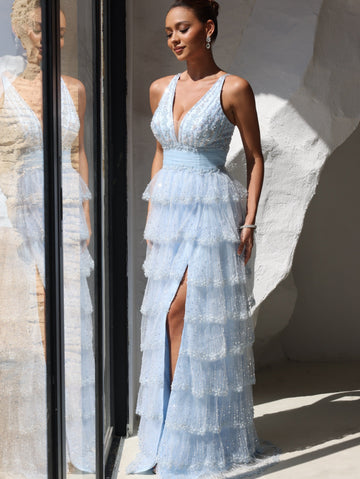 A-Line/Princess Prom Dress Short Sleeves V Neck Sequins Tulle Layered Formal Gowns Long Dresses With Split Side